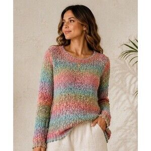 Missa Multicolor Open Knit Sweater Women’s Size M Lightweight Boho Pastel